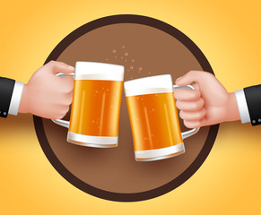 Cheers Beer of Two Man Holding Mug for Toast of Celebration. 3D Realistic Vector Illustration
