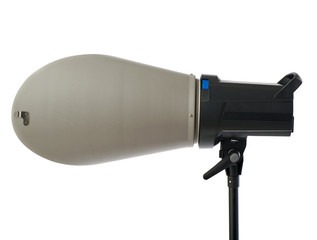 Studio flash on a stand over isolated white background