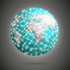 Fototapete - Global digital connections with glowing lights around earth, network.