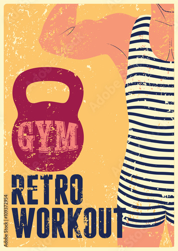 Naklejka dekoracyjna Typographic Gym vintage grunge poster design with strong man. Retro vector illustration.