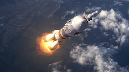 carrier rocket takes off over the clouds. 3d animation.