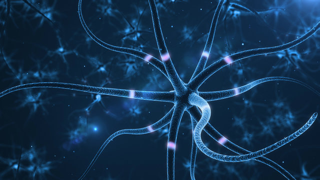 Neurons abstract blue background - 3d rendered close up of an active nerve cell.