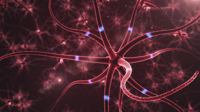 Neurons abstract red background - 3d rendered close up of an active nerve cell.