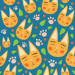 Red cats seamless pattern for kids with leaves and dots on blue background. Cute cats for fabric, textile, baby clothes. Colorful vector. Funny kitty texture. Doodles for your design. Cartoon style.