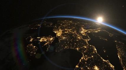 sunrise over europe. the european states from space. clip contains earth, europe, sunrise, space, ma