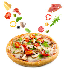 Sticker - Delicious pizza with falling vegetables and pieces of meat, isolated on white