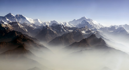 Everest Peak and Himalaya Everest mountain range panorama - Himalayas mountains Everest range panorama aerial view, Nepal..