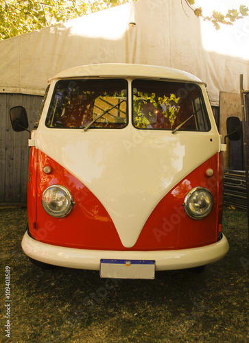 VW,Kombi,vintage,oldfashioned,,Bus,Oldtimer,van,grass,leafs,green,red,white,hips Poster