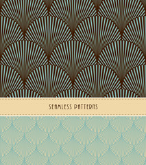 2 feathers or fish scales Japanese style seamless patterns, in blue and brown