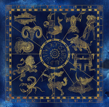 Blue And Gold Collage Set With Zodiac Symbols In Frame
