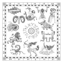 Graphic Set With Hand Drawn Zodiac Symbols In Frame