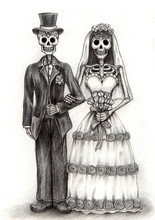 Skull Art   Day Of The Dead.Design Skull Wedding In Love Action Smiley Face Day Of The Dead Festival Hand Pencil Drawing On Paper.