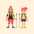 Hiking Concept. Smiling Young Man and Girl with Backpack and Stick for Hiking