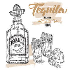 Wall Mural - Bottle of tequila drink. Hand drawn two glasses of tequila. 