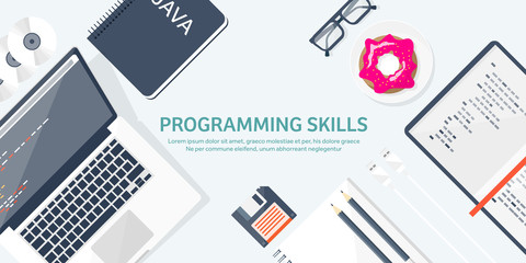  Programming,coding. Flat computing background. Code, hardware,software. Web development. Search engine optimization. Innovation,technologies. Mobile app. Vector illustration. SEO.