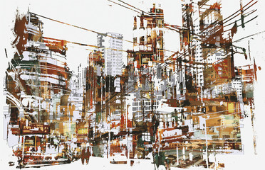 illustration painting of urban city with grunge texture