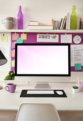 Sticker - Stylish workplace with computer and interior decorations