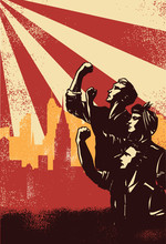 Revolution Poster, Workers Raising Fists With Cityscape Background, Vector