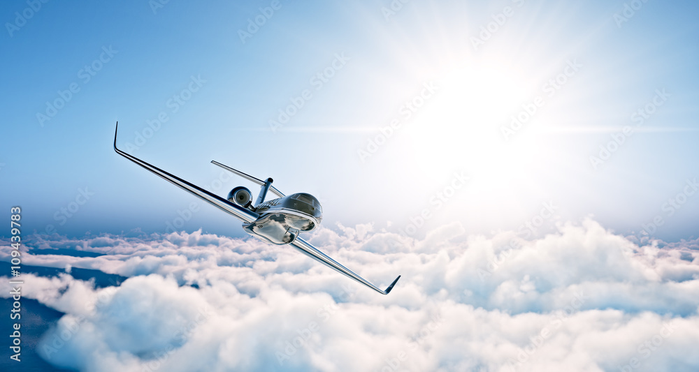 Concept of black luxury generic design private jet flying in blue sky at sunset. Huge white clouds background. Business travel photo. Horizontal , angle view. 3d rendering - obrazy, fototapety, plakaty 