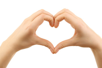 Female hands in heart shape on white background