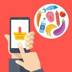 Poster - Hand holding smartphone with shopping basket and food products.  Buy food online, internet order, ecommerce. Flat vector illustration