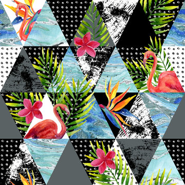 Abstract grunge and marble triangles with tropical flowers, leaves