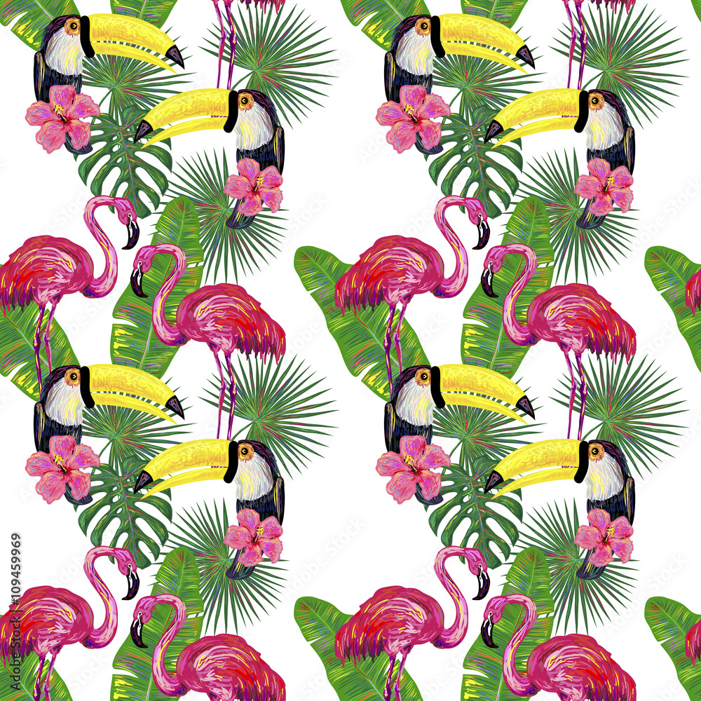 Seamless summer pattern with flamingo and toucan exotic bird, palm ...