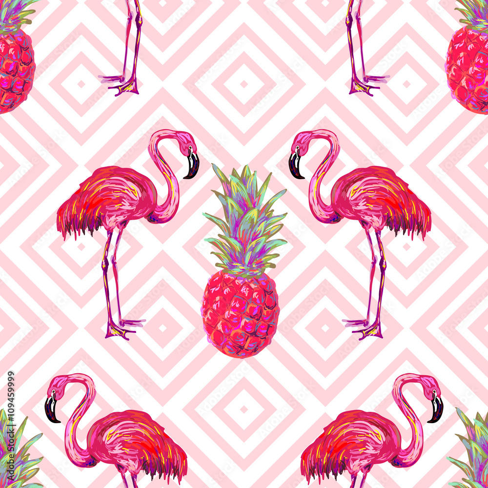 Seamless summer tropical pattern with flamingo and pineapple vector ...