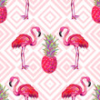 Seamless summer tropical pattern with flamingo and pineapple vector background. Perfect for wallpapers, pattern fills, web page backgrounds, surface textures, textile