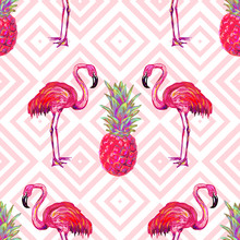 Seamless Summer Tropical Pattern With Flamingo And Pineapple Vector Background. Perfect For Wallpapers, Pattern Fills, Web Page Backgrounds, Surface Textures, Textile