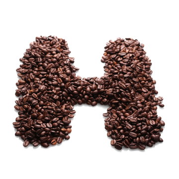 letter h, alphabet from coffee beans isolated on white background