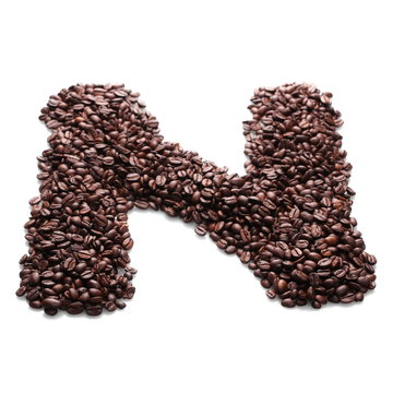 letter n, alphabet from coffee beans isolated on white background