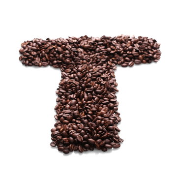 letter t, alphabet from coffee beans isolated on white background
