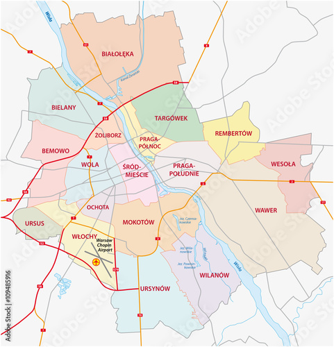 Obraz na płótnie administrative and road map of capital poland, warsaw