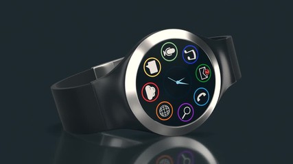Wall Mural - camera zoom on a smartwatch with apps that slide on the screen, with alpha mask (3d render)