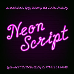 Poster - neon script hand drawn alphabet font. purple neon type letters and numbers on a dark background. vec