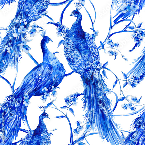 Stoffe zum Nähen Blaue Blume Aquarell Vintage nahtlose Muster mit Pfauen