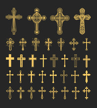 Cross Icons Set. Decorated Crosses Signs Or Ornamented Crosses Symbols. Vector Illustration