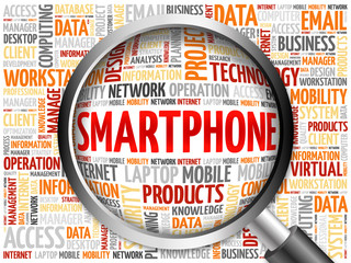 Poster - Smartphone word cloud with magnifying glass, business concept