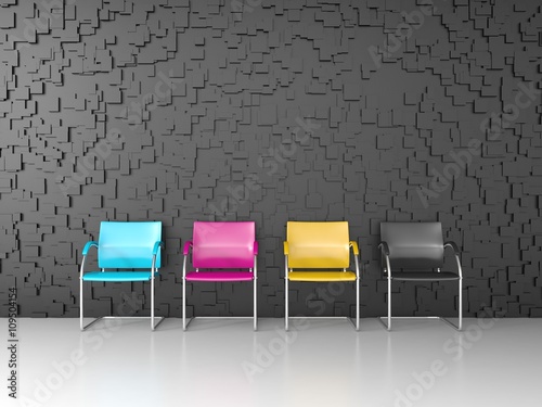 Fotografía 3D render of CMYK colored chairs in the print shop waiting room