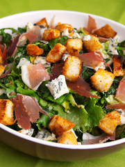 Sticker - French Provencal Salad with green salad, bacon, croutons and blue cheese. Close up