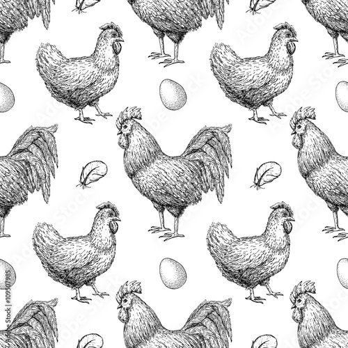 Cotton fabric Vector chicken breeding hand drawn seamless pattern.