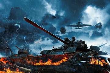 Obraz na płótnie three tanks under fire from enemy aircraft