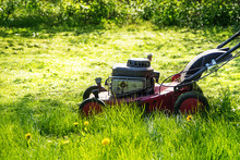 Old Motor Lawn Mower Fights His Way Through Tall Grass In The Me