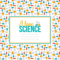 Wall Mural - i love science, pattern with square frame, flask and tubes.