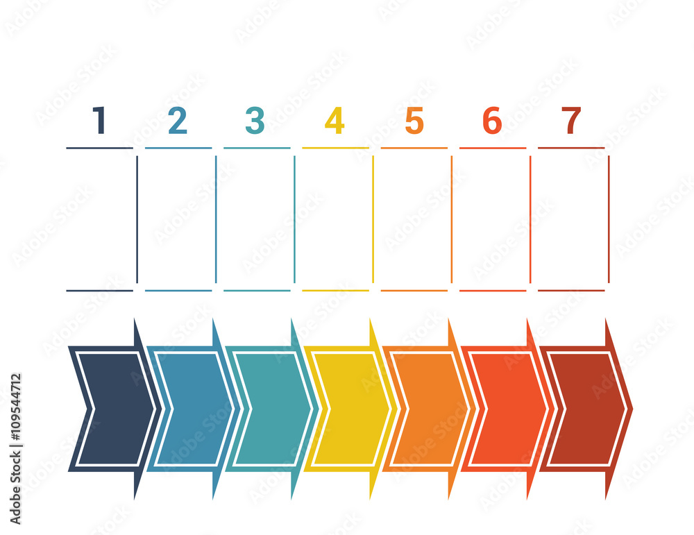Timeline with colored horizontal arrows numbered for seven posit Stock ...