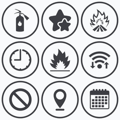 Poster - Fire flame icons. Prohibition stop symbol.