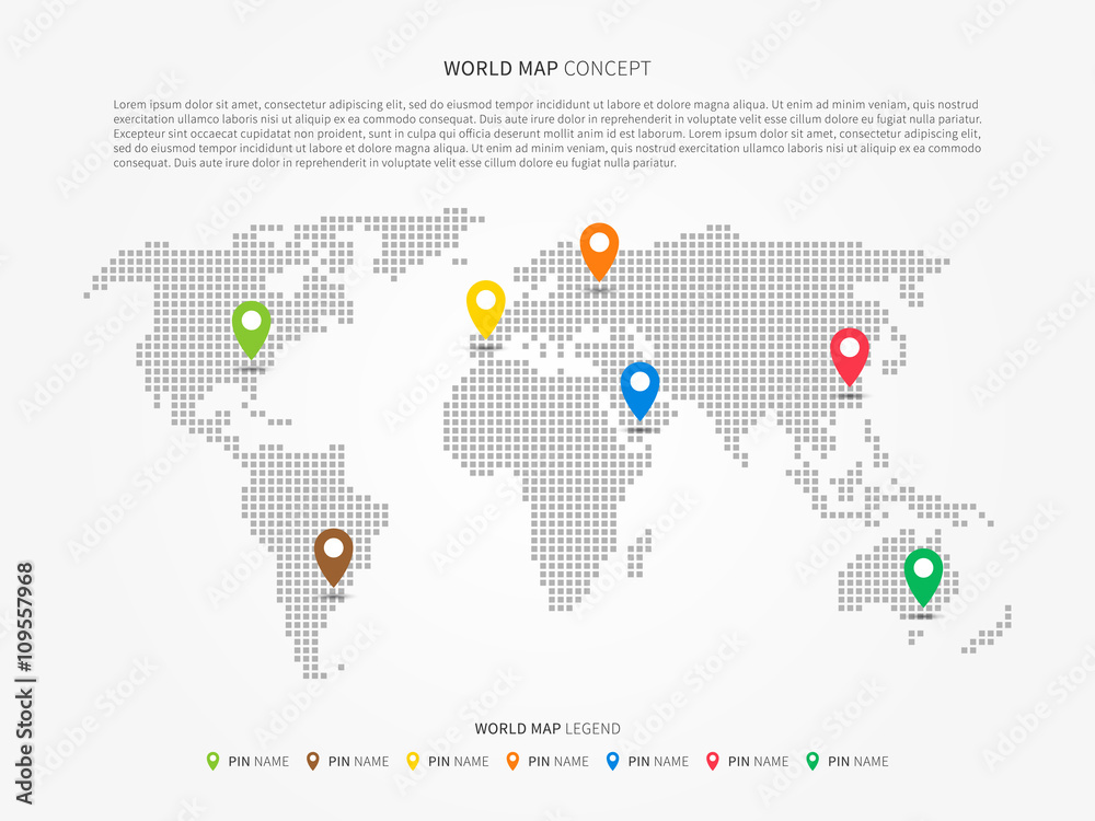 World map infographic with colorful pointers vector illustration ...