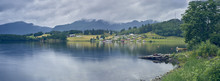 Panoramic View Of Fjord Distant Village, Etne, Norway