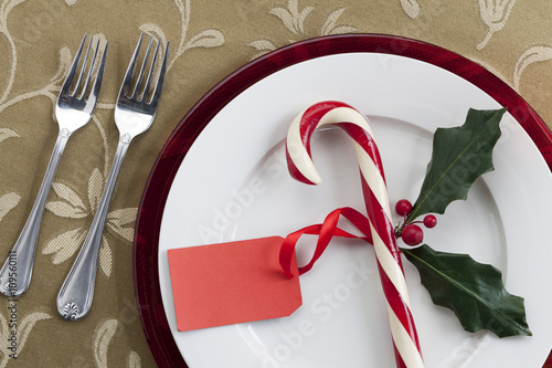 Fotomural place setting with candy cane and blank tag.